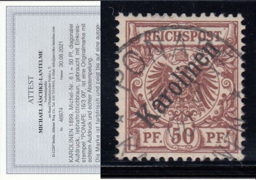 Kolonien Karolinen 1899, Mich.-Nr.: 6 I gestempelt  geprüft  Attest  lesen