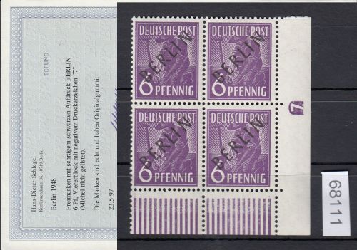 Berlin 1948, Mich.-Nr.:  2 ** DZ 7 Eckrand  4er.-Block  Druckerzeichen