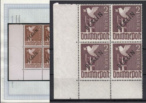 Berlin 1948, Mich.-Nr.: 18 ** Eckrand  4er.-Block gepr. Befund (Teil-Plattennr.)