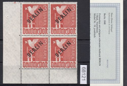 Berlin 1948, Mich.-Nr.: 19 ** Eckrand  4er.-Block  geprüft  Befund lesen