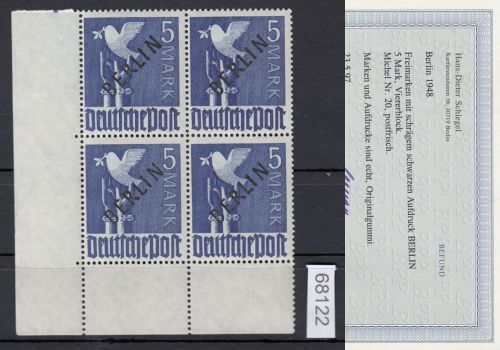 Berlin 1948, Mich.-Nr.: 20 ** Eckrand  4er.-Block   geprüft  Befund