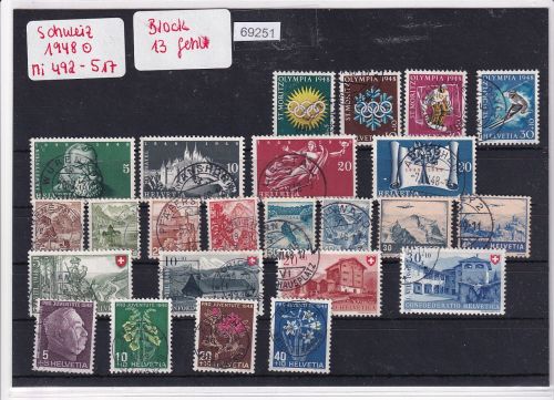 Schweiz 1948 : Mi.-Nr.: 492-517  Block 13 fehlt gestempelt