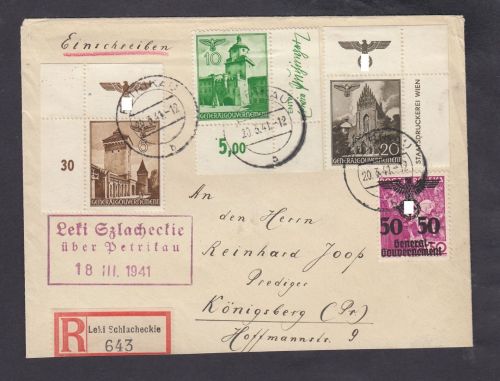 GG 1940, Mi.-Nr. 40+42+44 HZ + Eck Oberrand  mit HZ   Landpoststpl.