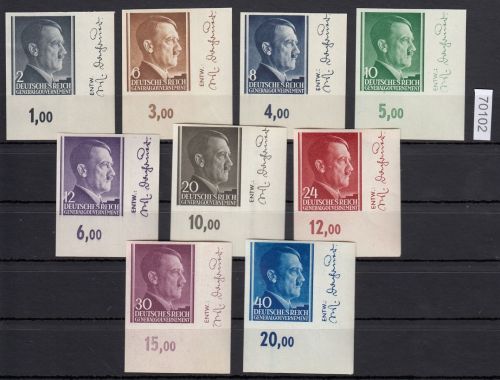 GG 1941, Mi.-Nr. 71-75 + 77-79 + 81 U **  Eckrand mit Entwerfernamen   lesen