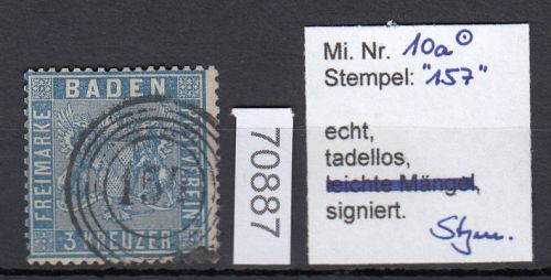 AD Baden 1860, Mich.-Nr.:  10 a gestempelt geprüft  einwandfrei
