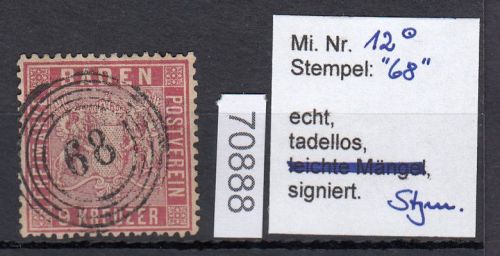 AD Baden 1860, Mich.-Nr.:  12 gestempelt geprüft  einwandfrei