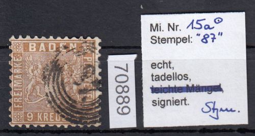 AD Baden 1862, Mich.-Nr.: 15 a gestempelt geprüft  einwandfrei