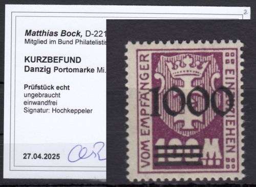 Danzig Porto 1923 Mi.Nr. P I/I * geprüft  Befund