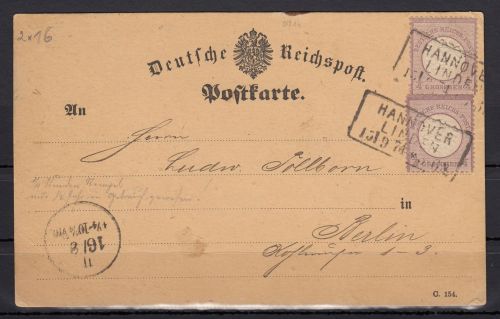 DR 1872, Mich.-Nr.:  1 Postkarte mit 2 mal  gestempelt  Hannover  Linden nach Berlin  550,00