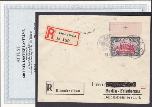 Kolonien Togo 1900, Mich.-Nr.:19 gest. Brief  geprüft  Attest  LOME-Berlin Friedenau
