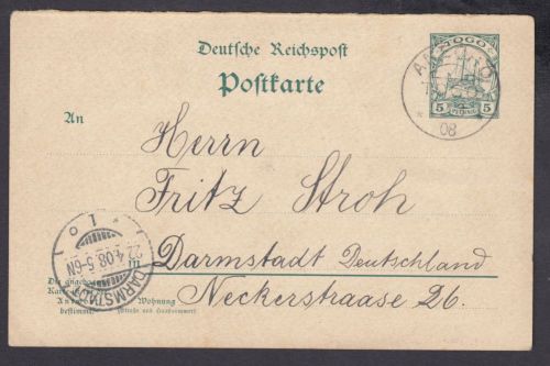 Kolonien Togo 1900 , Mich.-Nr.: P 13 A   Antw.-Karte   Bedarf Anecho nach Darmstadt