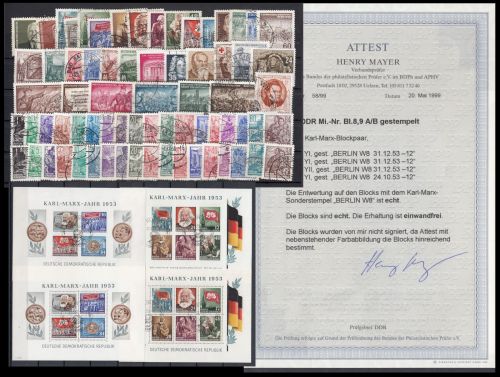 DDR 1953, Mich.-Nr.: 342-422 (mit Block 8+9 A+B gepr Attest) gestempelt Komplett