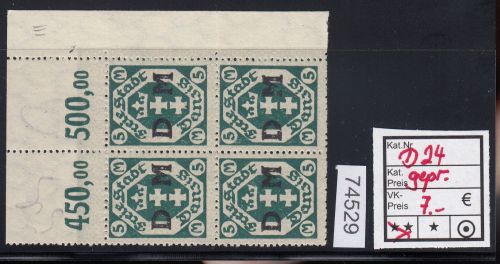 Danzig Dienst 1922 Mi.Nr. D 24  **  Eckrand 4er.-Block  lesen