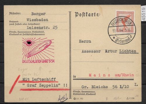 DR Zeppelinpost 1934 Mi. Einzelfrankatur 381, Deutschlandfahrt 1934