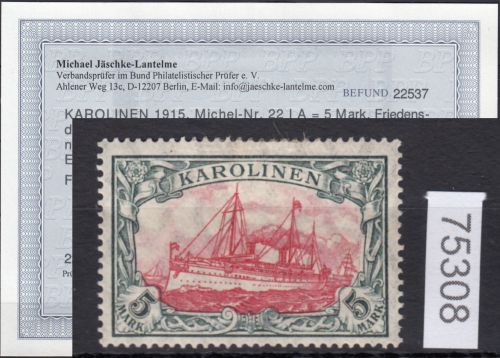 Kolonien Karolinen 1915, Mich.-Nr.: 22 I A *  geprüft  Befund
