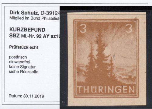 SBZ  1945 Mi.-Nr.: 92 AY a z1 U  ** geprüft    vierseitig ungezähnt
