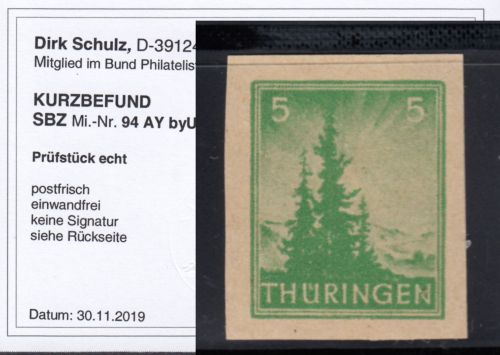 SBZ  1945 Mi.-Nr.: 94 AY b y U  ** geprüft  Befund    vierseitig ungezähnt