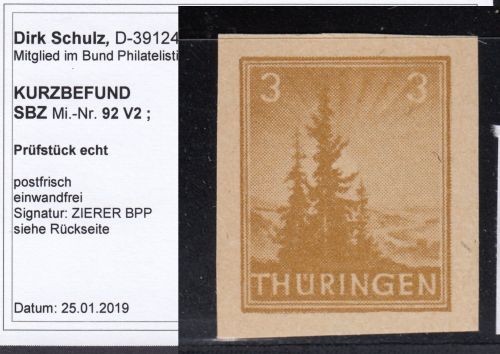 SBZ  1945 Mi.-Nr.: 92 V2 ** (VERSUCHSDRUCK) geprüft  Befund  120,00