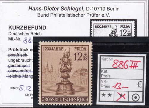DR 1944, Mich.-Nr.: 886 III * geprüft  Befund   Plattenfehler