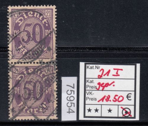 DR Dienst 1920, Mich.-Nr.:D 21 I gestempelt  geprüft