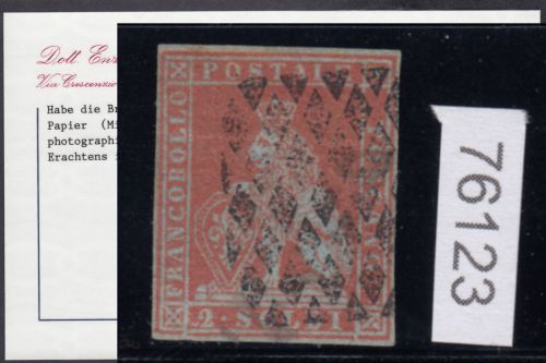 Italien 1851 Toscana, Mich.-Nr.: 3 gestempelt  Scarlet Auf Blau geprüft  Attest A.Diena