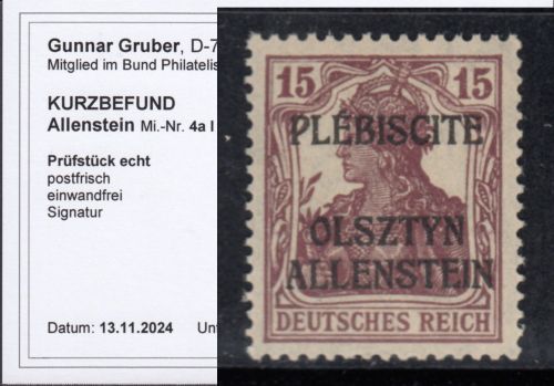 Abstimmung. Allenstein 1920, Mi.-Nr.  4 a I **  geprüft  Befund