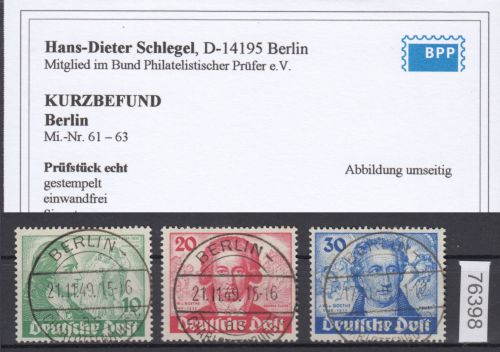 Berlin 1949, Mich.-Nr.: 61-63 Luxus Vollstempel gepr.Befund  Berlin-Charlottenburg
