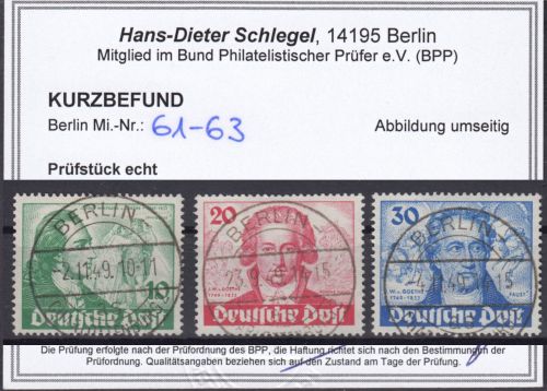 Berlin 1949, Mich.-Nr.: 61-63 Luxus Vollstempel gepr.Befund  Berlin-Charlottenburg
