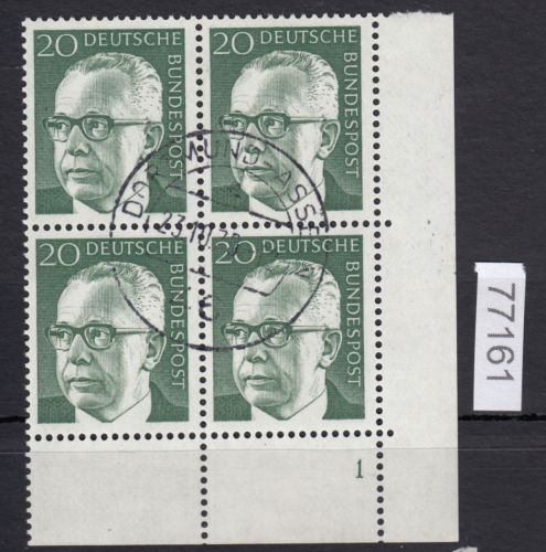 Bund 1970, Mich.-Nr.: 637 gestempelt  FN 1  Eckrand  4er,-Block