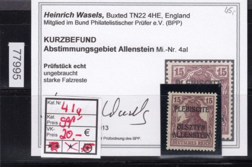 Abstimmung. Allenstein 1920, Mi.-Nr.  4 a I *  geprüft  Befund