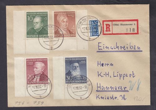 Bund 1952, Mich.-Nr.: 156-159 gestempelt  Eckrand  3 mal Formnummer  auf  brief