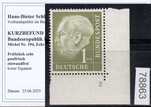 Bund 1954, Mich.-Nr.: 194 v ** FN 2  Eckrand  Zähnung L  geriffeltes gummi   Selten