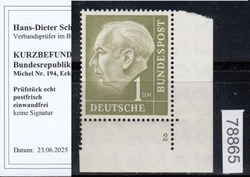 Bund 1954, Mich.-Nr.: 194 w ** FN 2  Eckrand  Zähnung R  glattes gummi   gepr.  Befund