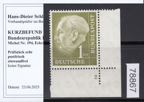 Bund 1954, Mich.-Nr.: 194 w ** FN 1  Eckrand  Zähnung V  glattes gummi  gepr. Befund
