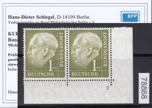 Bund 1954, Mich.-Nr.: 194 v ** FN 2  Eckrand  Zähnung L  ger. gummi  gepr. Befund Selten