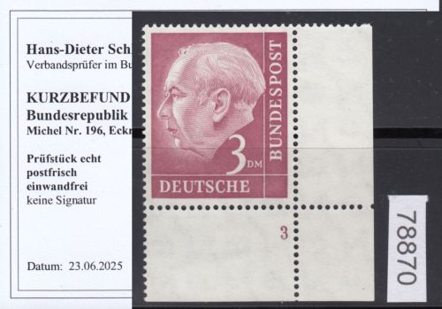 Bund 1954, Mich.-Nr.: 196 w **  FN 3  Eckrand glattes gummi  Zähnung ALa +1 gepr.Befund