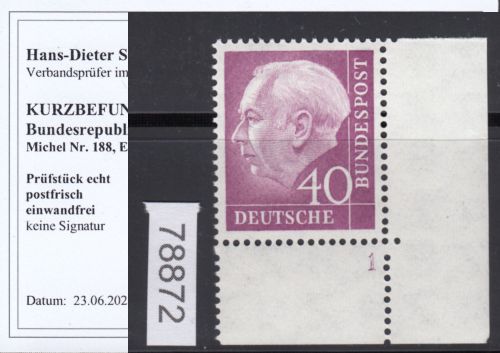 Bund 1954, Mich.-Nr.: 188 ** FN 1 Eckrand geprüft  Befund