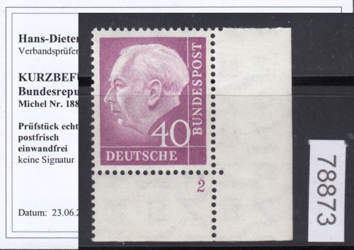 Bund 1954, Mich.-Nr.: 188 ** FN 2 Eckrand geprüft  Befund