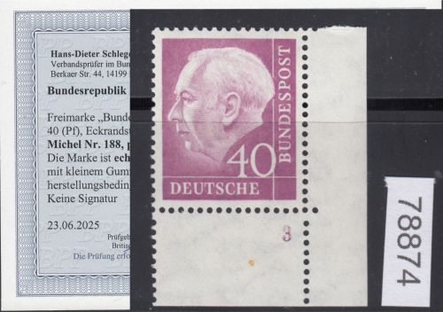 Bund 1954, Mich.-Nr.: 188 * FN 3 Eckrand geprüft  Befund