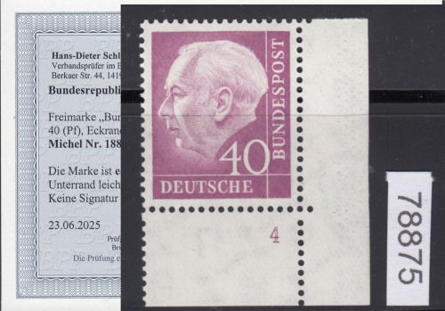 Bund 1954, Mich.-Nr.: 188 * FN 4 Eckrand geprüft  Befund