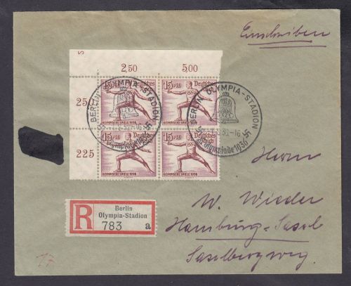 DR 1936, Mich.-Nr.: 616 gestempelt auf Brief  Eckrand  Plattennummer