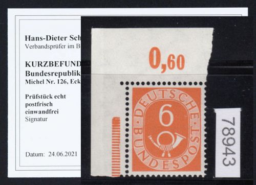 Bund 1951, Mich.-Nr.: 126 ** Eckrand  geprüft  Befund