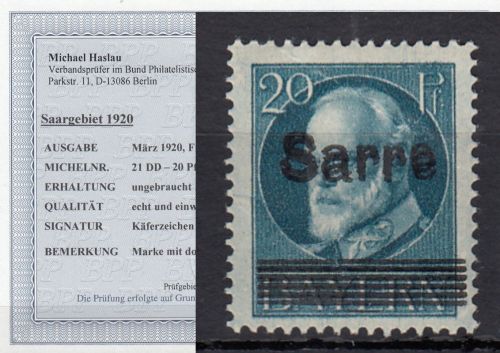 Saargebiet 1920 Mi. Nr. 20 DD *  geprüft Befund