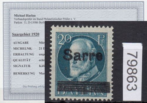 Saargebiet 1920 Mi. Nr. 20 DD *  geprüft Befund
