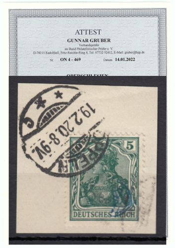 Abstimmung. Oberschlesien Oppelner Not. 1920, Mi.-Nr. 4 gest. gepr.  Attest  lesen