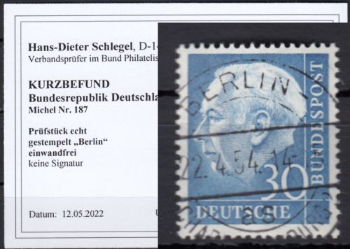 Bund 1954, Mich.-Nr.: 187 LUXUS Gest.+gummi  gepr./Befund Berlin-Charlottenburg AS