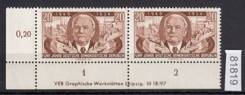 DDR 1954, Mich.-Nr.: 443 X I ** DV   Eckrand  Druckvermerk