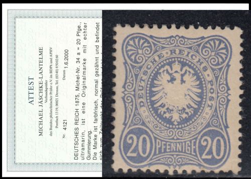 DR 1875, Mich.-Nr.: 34 a *  geprüft  Attest