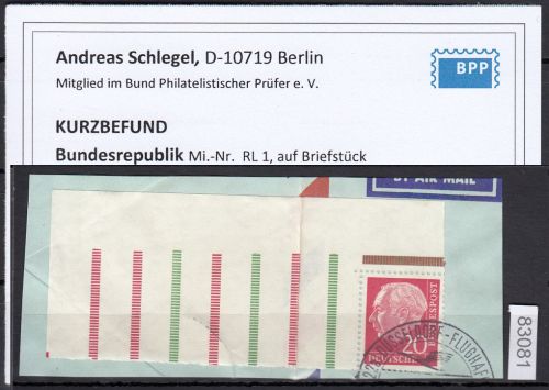 Bund 1955, Mich.-Nr.:  RL 1  gestempelt  ECKRAND  geprüft  Befund  gefaltet lesen