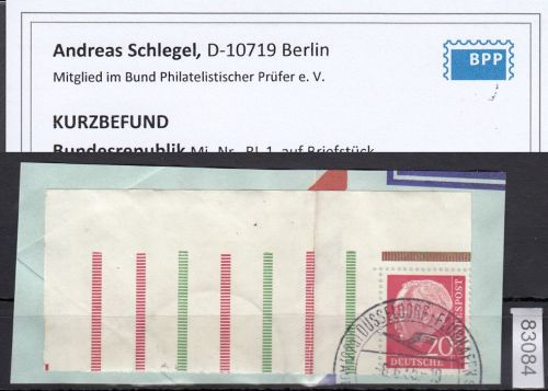 Bund 1955, Mich.-Nr.:  RL 1  gestempelt  ECKRAND  geprüft  Befund  gefaltet lesen